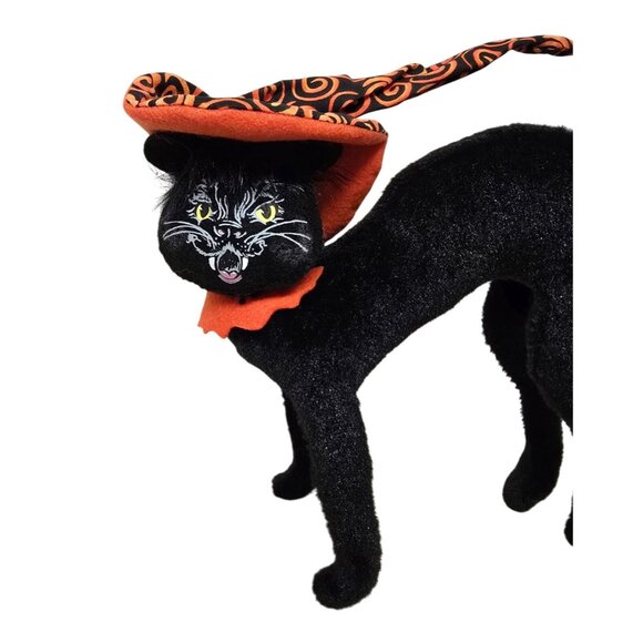 14" Annalee Halloween Black Cat Figurine With Orange Witch Hat & Fluffy Tail - Picture 2 of 4